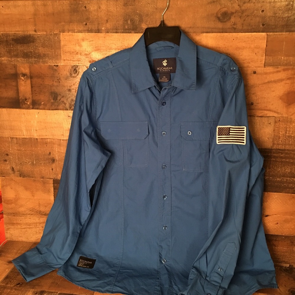 Rocawear Button Down Shirt Men 2XL Y2K Preppy Logo American Flag Cabincore Norm